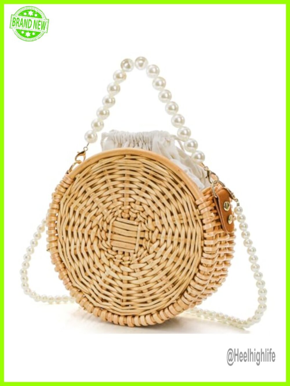 Round Rattan Wicker Handbag Crossbody Basket Purse Pearl Strap